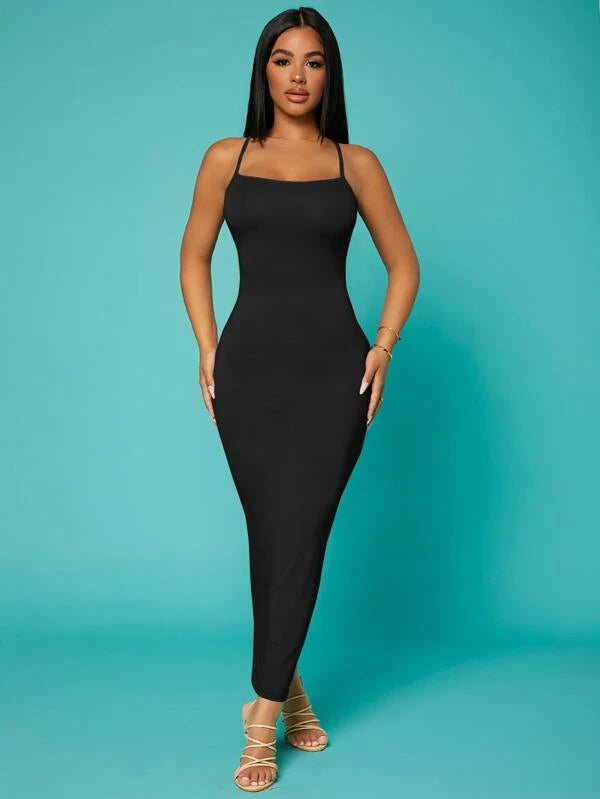 Solid Criss Cross Backless Bodycon Dress