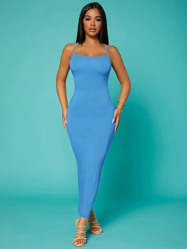 Solid Criss Cross Backless Bodycon Dress