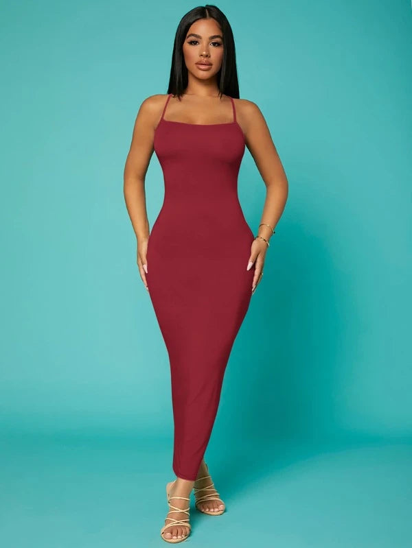 Solid Criss Cross Backless Bodycon Dress
