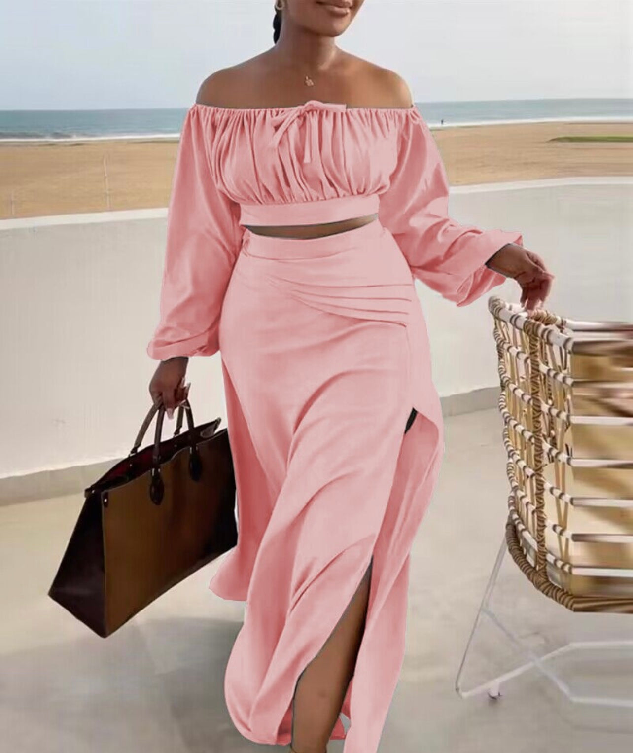 Ruched Lantern Sleeve Top & Slit Skirt Set