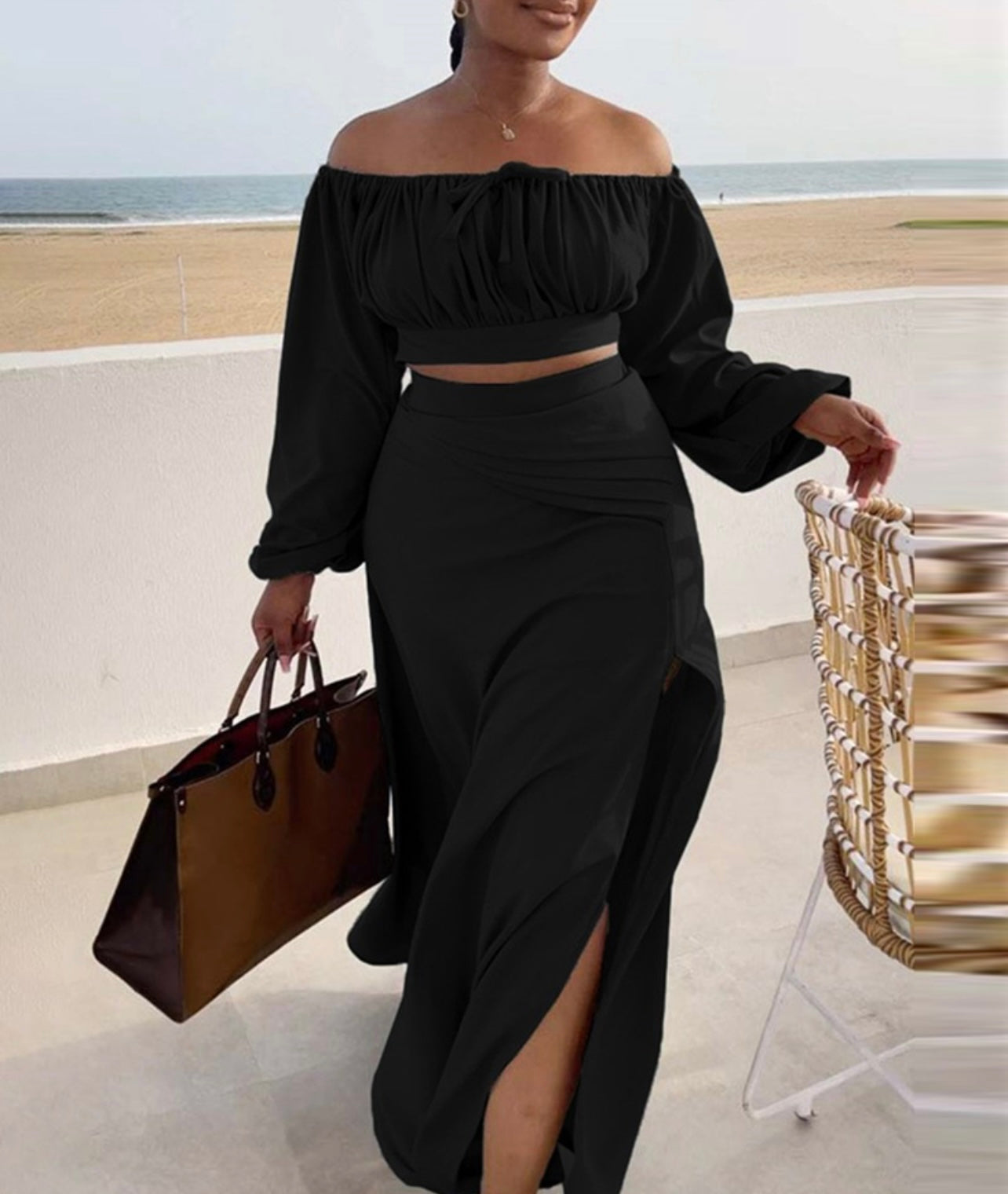 Ruched Lantern Sleeve Top & Slit Skirt Set