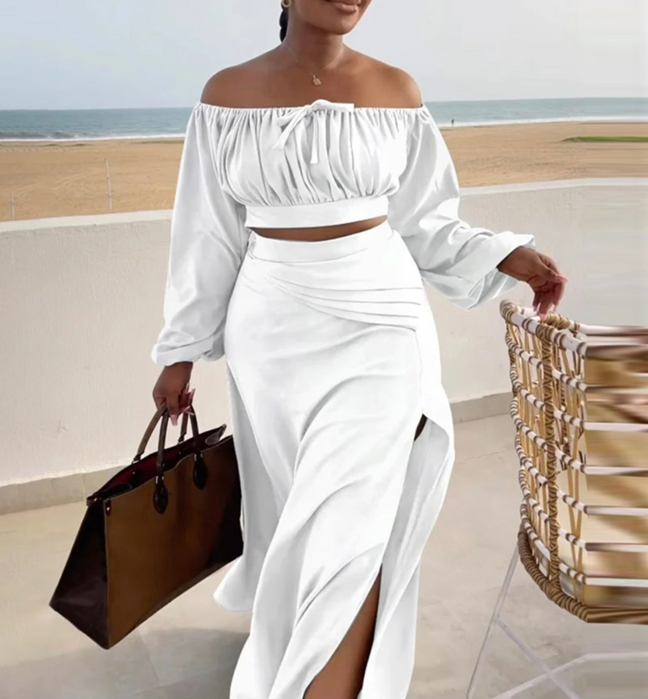 Ruched Lantern Sleeve Top & Slit Skirt Set