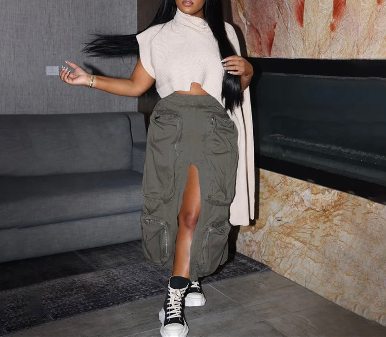 Middle Split Cargo Skirt