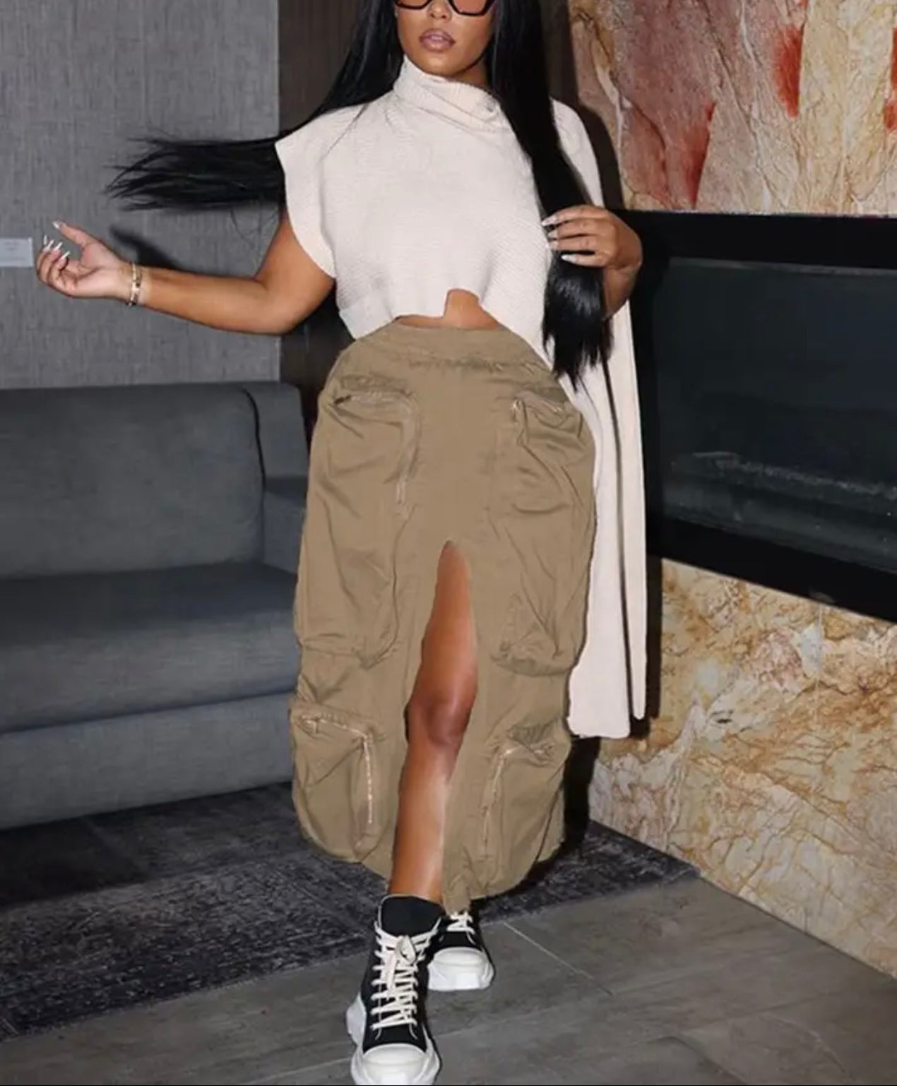 Middle Split Cargo Skirt