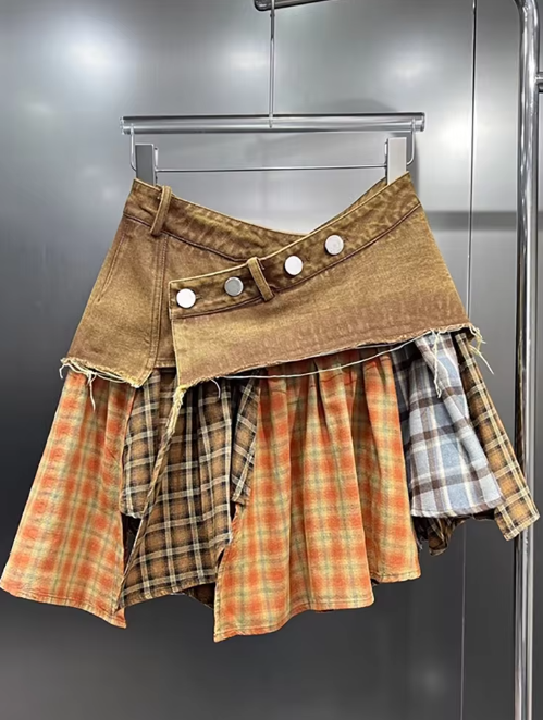 Asymmetric Patchwork Plaid A-Line Skirt