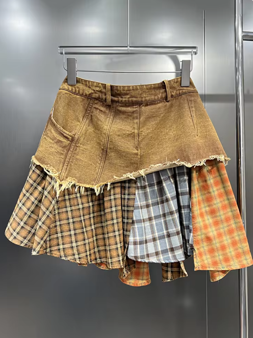 Asymmetric Patchwork Plaid A-Line Skirt