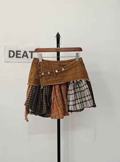 Asymmetric Patchwork Plaid A-Line Skirt